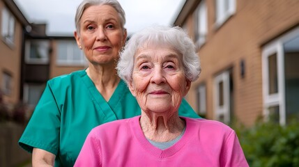 Caring nurse compassionately pushes smiling elderly woman in wheelchair through lush tranquil garden showcasing companionship and support for the elderly and disabled