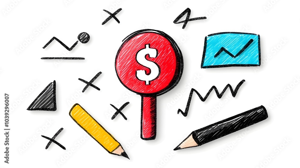 Poster hand drawn business office icons with doodle style sketches of target puzzle chart and finance eleme