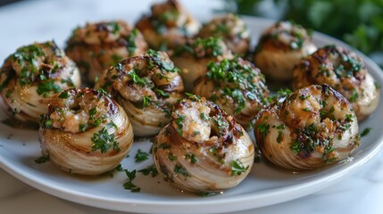 A plate of escargot, baked snails with garlic butter and parsley.


