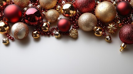 Red and Gold Christmas Ornaments Border on White Background