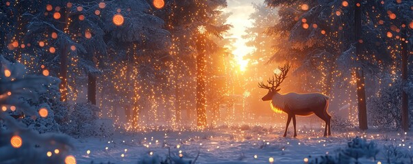 Snowy forest sunset scene featuring a reindeer with lights