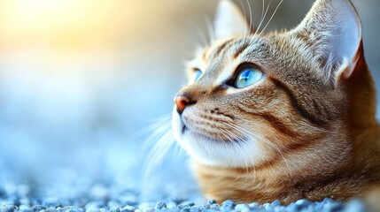 Cute tabby cat with blue eyes looking up in a close up portrait