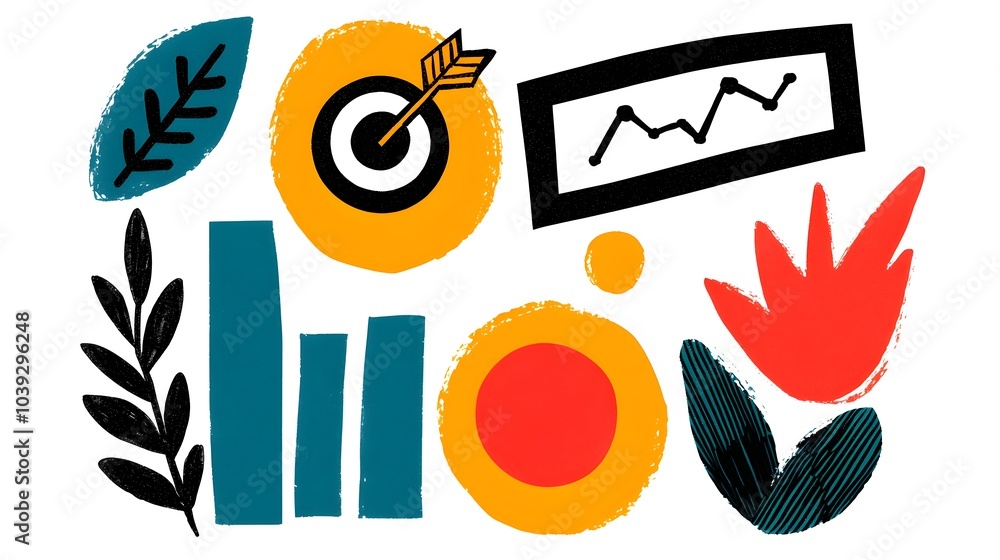 Poster doodle sketch icons depicting various business elements such as target puzzle chart and teamwork in 