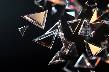 Abstract background with scattered reflective triangular shards on a dark background.