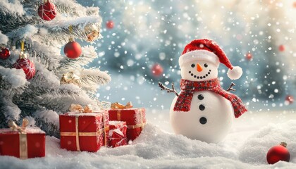 Fototapeta premium Festive scene with a snowman and decorated tree under snow, ideal for Christmas.