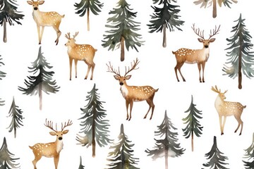 Reindeer and trees in a watercolor design, perfect for festive paper or textiles.