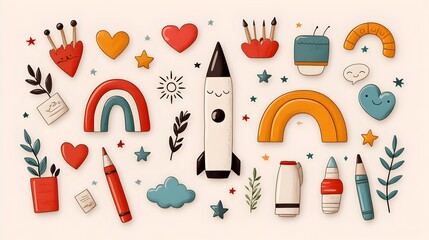 Vibrant Crayon Doodle Sticker Pack with Hearts Crowns Rainbows and Stars for a Fun and Imaginative Kids Collage or Craft Project