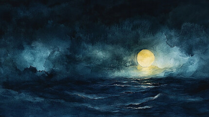 Fototapeta premium Night ocean watercolor background in dark hues