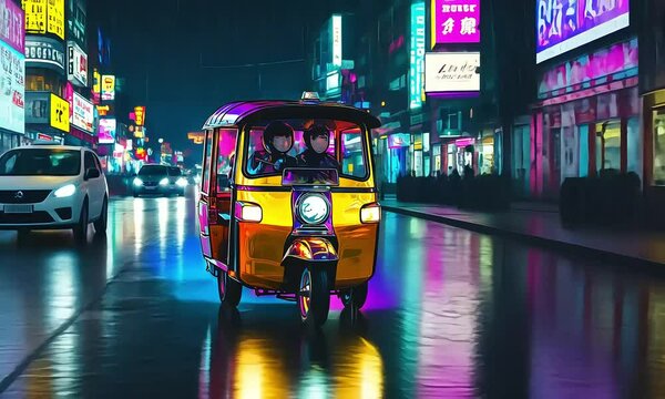Colorful tuk-tuk driving through neon-lit city streets illustration with ai generated.
