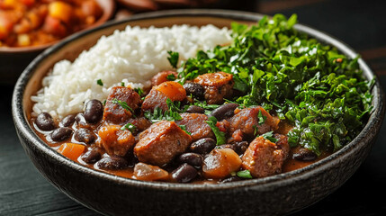 Brazilian feijoada with black beans, pork, sausage, served with rice and collard greens