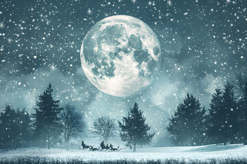 Naklejka premium 満月の夜にサンタがソリを引く冬のシルエットと雪の降る幻想的なクリスマス風景