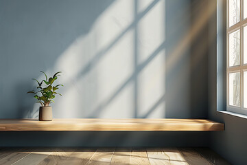 A simple wooden shelf in a room with a bright window. Sunlight streams through the window casting a warm glow on the wall and the shelf. A small plant adds a touch of life to the scene.