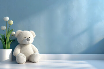 A fluffy white teddy bear sits by a potted plant against a light blue wall. Sunlight streams in through a window casting a soft glow on the scene.