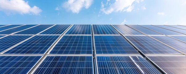 Solar panels reflecting sunlight against a blue sky.