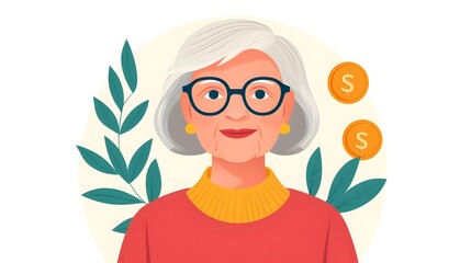 Fototapeta premium of a golden piggy bank with silver hair representing an elderly woman saving money in a flat style symbolizing the concept of secure retirement and financial planning