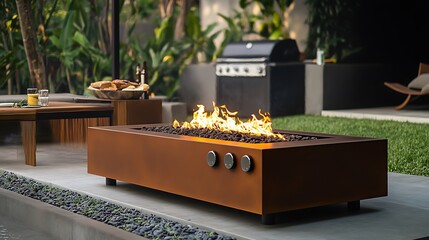 Modern Outdoor Fire Pit with Flames and Stone