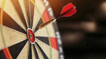 A close-up of a dart hitting the bullseye, symbolizing precision and success in games and competitions.