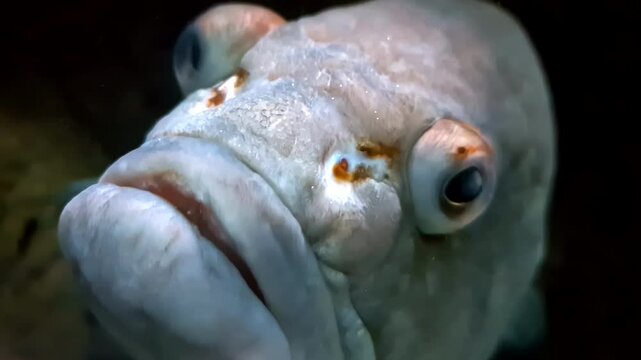 Closeup view of face of giant snakehead fish.