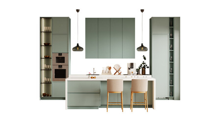 Set kitchen decorated with dark green cabinets on transparent background- 3D rendering