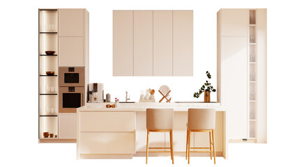 Set modern kitchen decorated with light white cabinets on transparent background- 3D rendering