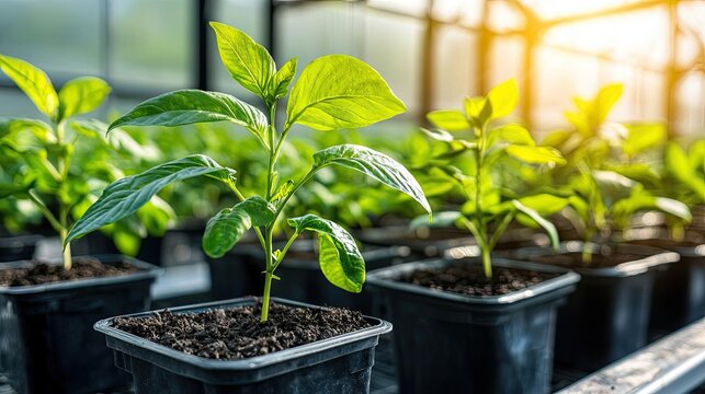 Green seedlings growing in pots under a bright greenhouse light. - Powered by Adobe