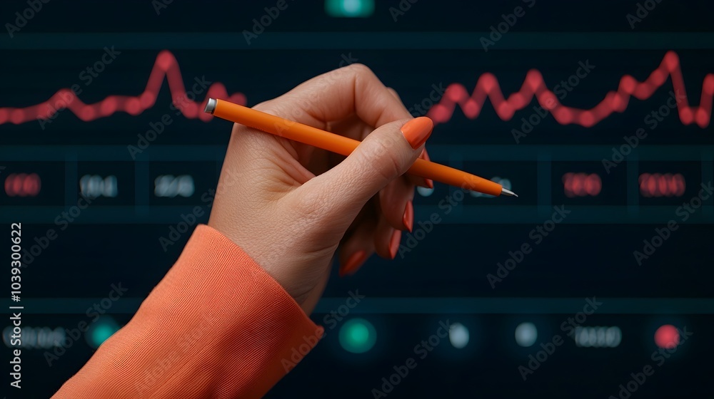 Poster close up view of a woman s hand holding a pen and drawing animated graphs and analytical charts on t
