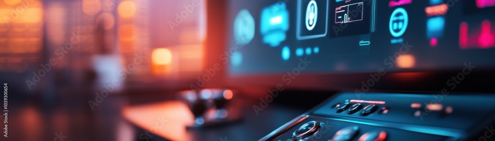 Aufkleber a close-up view of a control panel with modern digital interface and vibrant screens in a softly lit