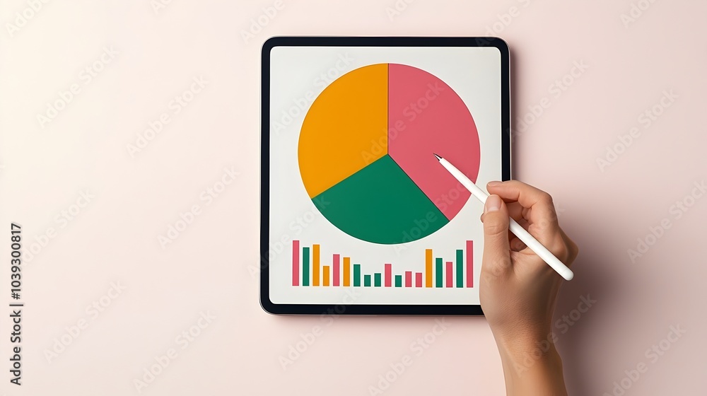 Poster close up of a female hand elegantly holding a stylus and navigating through vivid colorful charts an