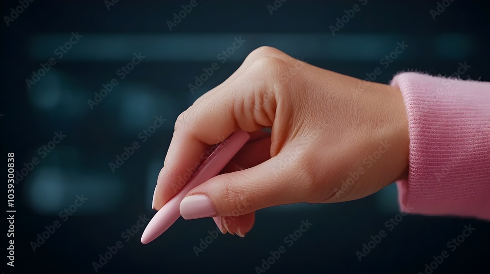 Poster close up of a woman s hand using a pen on a tablet screen interacting with complex graphs analytical