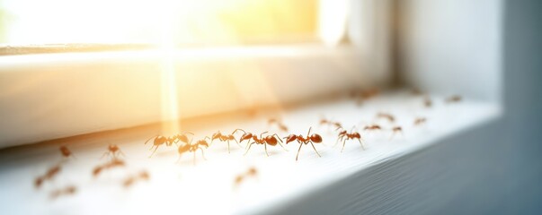 A close-up view of ants crawling along a sunlit windowsill, highlighting their movement and the bright light streaming in.