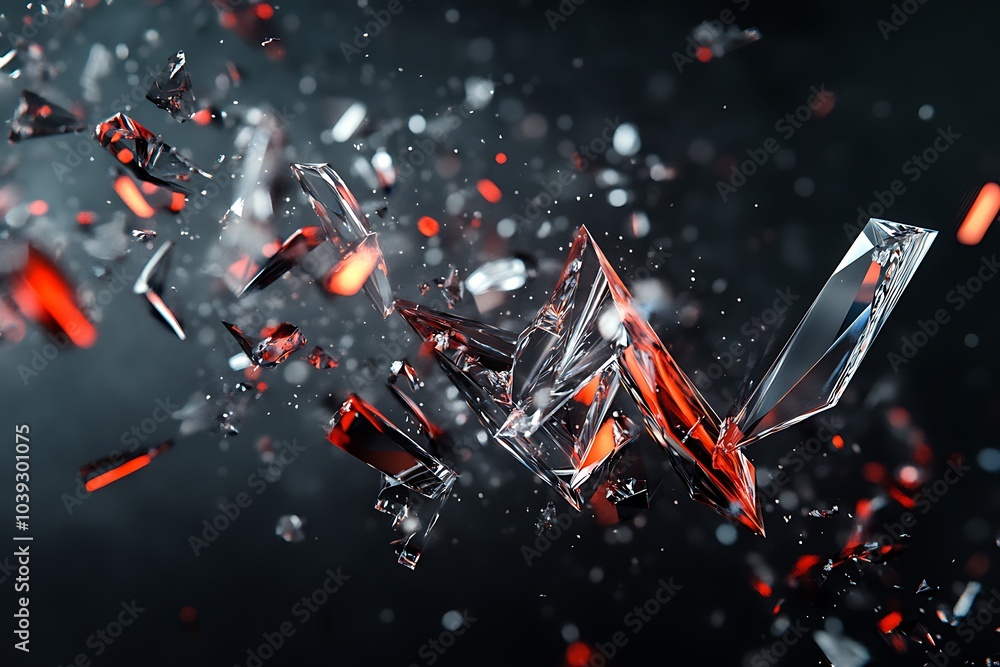 Poster A close-up image of shards of broken glass scattered across a dark background with red highlights.