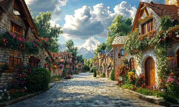 Quaint village street lined with charming houses and vibrant flowers.