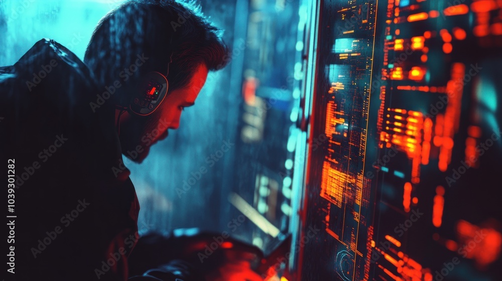 Poster a focused individual working on a computer amidst glowing data displays.