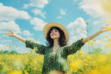 A joyful woman enjoying a sunny day in a field of yellow flowers, arms open wide under a bright blue sky.