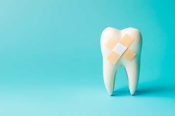 **A tooth with a band-aid stuck on the enamel stands on a blue background. Concept of toothache and dental care banner/web/poster/flyer