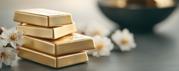 Fototapeta premium Gold bars stacked elegantly with soft blossoms, symbolizing luxury and wealth.