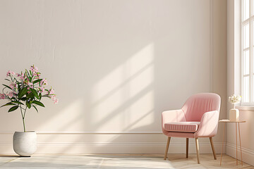 A pink armchair sits in a sun-drenched room with a plant in a white pot and a side table nearby.  The white walls and wooden floors create a minimalist backdrop.