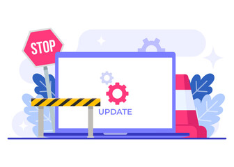 Laptop with software update screen flat vector illustration, System maintenance, update process, install software, operating system