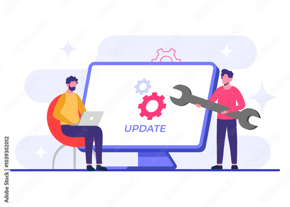 Wall mural computer with software update screen flat vector illustration, system maintenance, update process, i