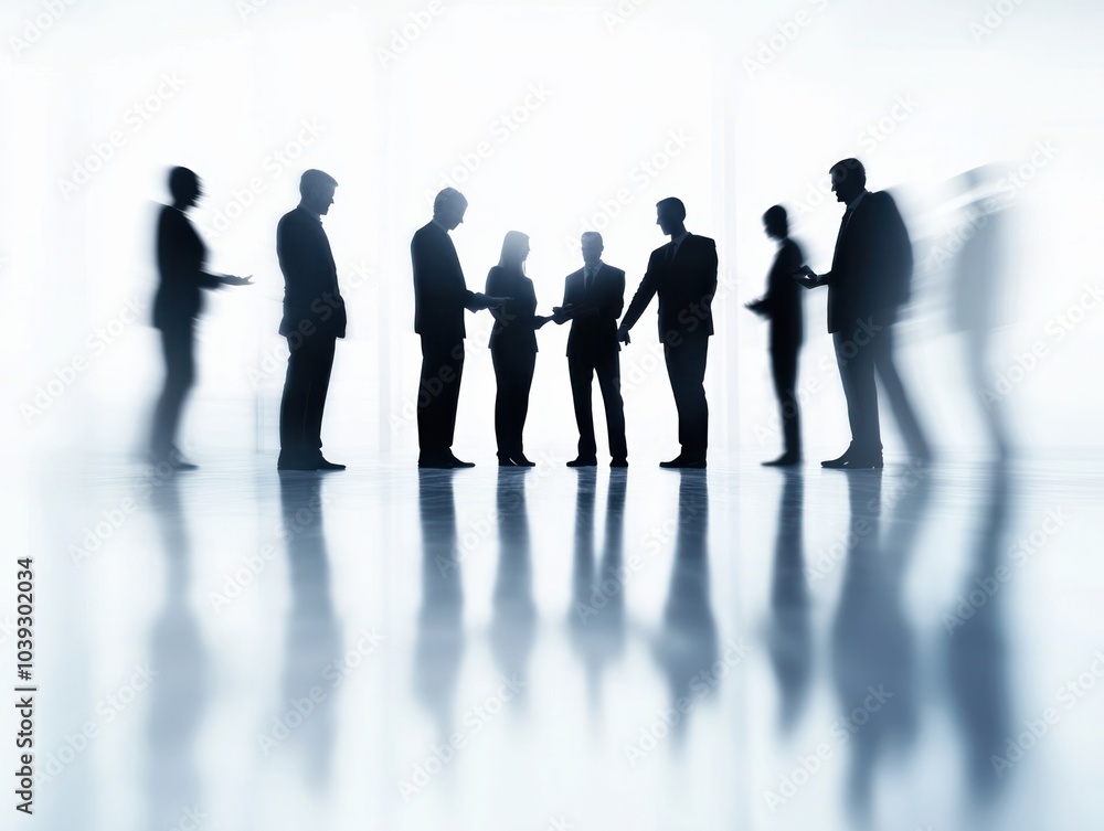Poster silhouetted business professionals engaging in conversation and networking in a modern office settin