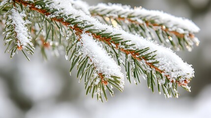 A picturesque winter wonderland with snow-covered fir branches hanging down, hinting at a peaceful Christmas vibe