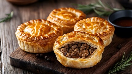 An Australian meat pie, with flaky pastry filled with seasoned ground beef.


