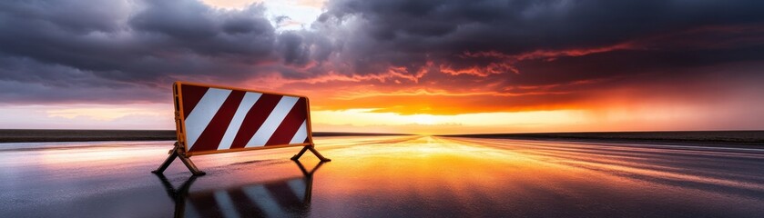 Obraz premium A dramatic sunset over a reflective surface with a construction barrier in the foreground, creating a striking visual contrast.
