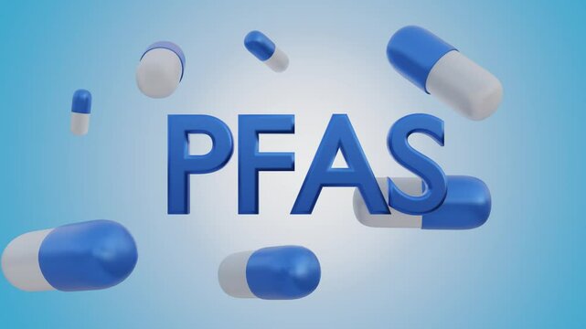 3d animation of capsule pill with the letters "PFAS". Perfluorooctane Sulfonate (PFAS), a group of man-made chemicals widely used in pharmaceutical industries.
