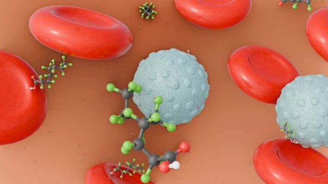 3d animation of Perfluorooctanoic acid (PFOA) molecules,  that nearly everyone has detectable levels in their blood. Human exposure to PFOA is a significant public health concern
