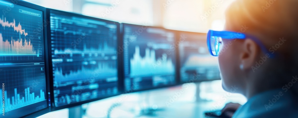 Poster a focused analyst monitors data on multiple screens, showcasing technology in a professional environ