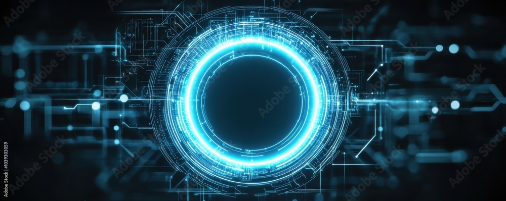Poster a futuristic circular design featuring glowing blue elements and intricate digital patterns, ideal f