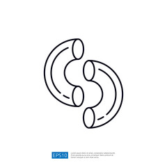 The image depicts two interconnected curved pipes, symbolizing flow and connection in a simple, minimalist design.