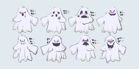 Set of Halloween cute ghosts cartoon character icon vector illustration.