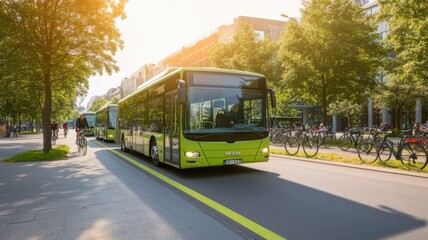 Obraz premium A green city bus travels along a sunlit street, showcasing urban transportation surrounded by trees and bicycles.